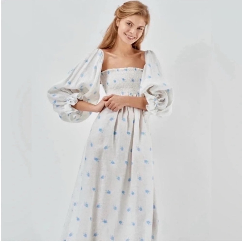 Elegant White and Blue Floral Women's Dress